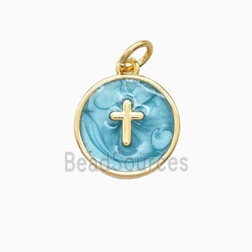 Copper Cross Pendant Teal Enamel 18K Gold Plated