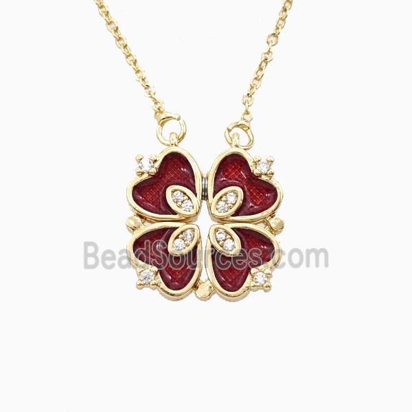 Copper Heart Clover Necklace Pave Zirconia Enamel Gold Plated