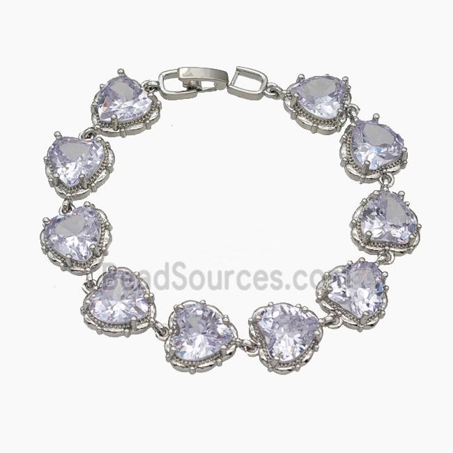 Copper Bracelet Pave Zirconia Heart Platinum Plated