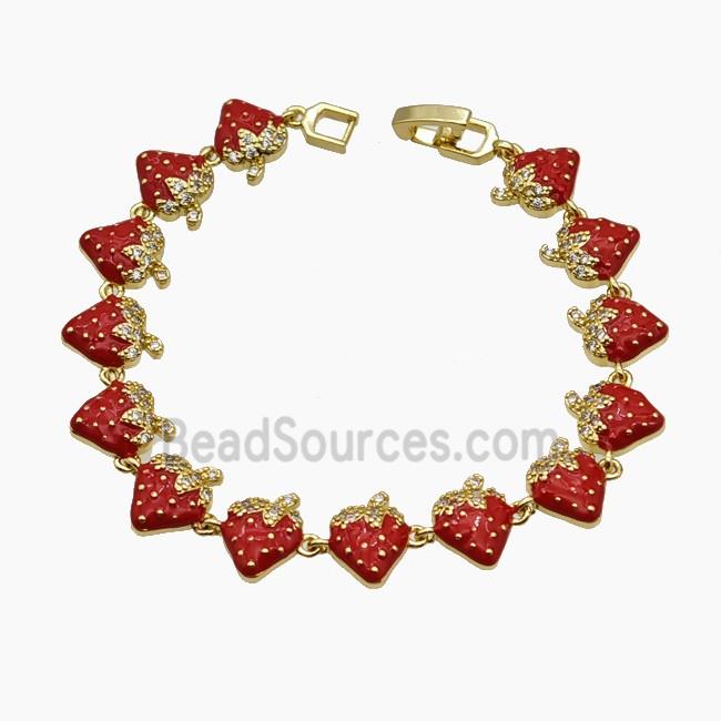 Copper Strawberry Bracelet Pave Zirconia Red Enamel Gold Plated