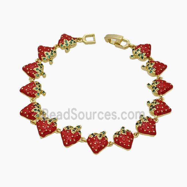 Copper Strawberry Bracelet Pave Zirconia Red Enamel Gold Plated