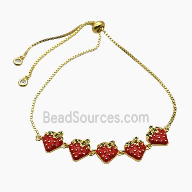 Copper Strawberry Bracelet Pave Zirconia Red Enamel Adjustable Gold Plated