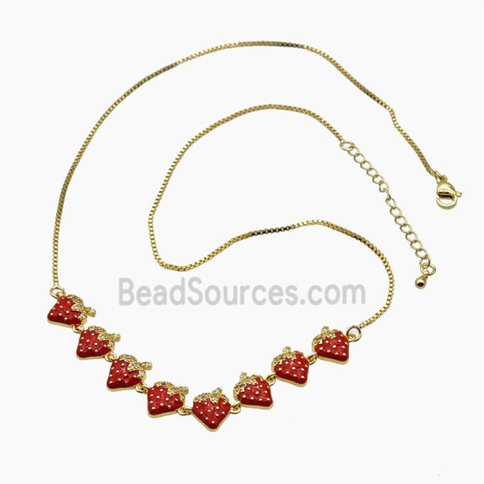 Copper Strawberry Necklace Pave Zirconia Red Enamel Gold Plated
