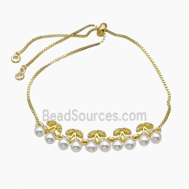 Copper Cherry Bracelet Pave Zirconia Pearlized Resin Adjustable Gold Plated