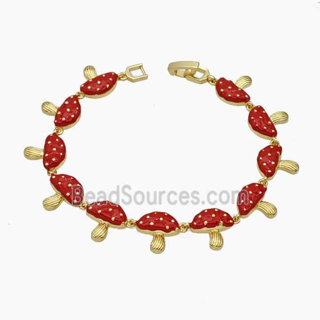 Copper Mushroom Bracelet Red Enamel Gold Plated