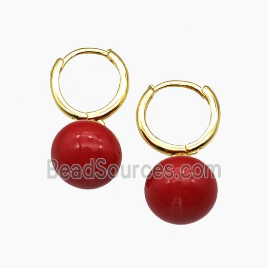 Copper Hoop Earrings Pave Red Pearlized Resin Ball Gold Plated