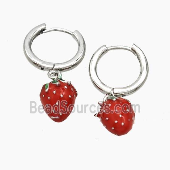 Copper Strawberry Hoop Earrings Red Enamel Platinum Plated
