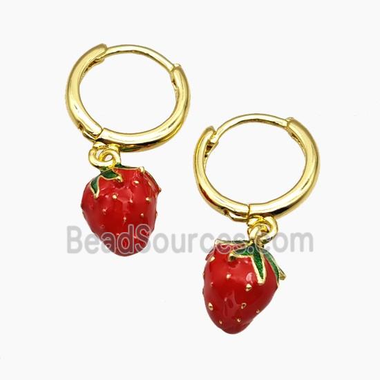 Copper Strawberry Hoop Earrings Red Enamel Gold Plated