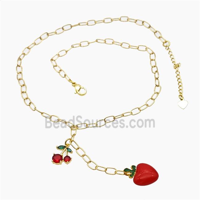 Copper Cherry Necklace Pave Zirconia Strawberry Red Pearlized Resin Gold Plated