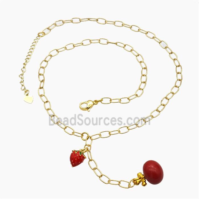 Copper Strawberry Necklace Red Enamel Gold Plated