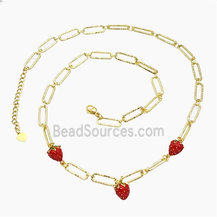 Copper Strawberry Necklace Red Enamel Gold Plated