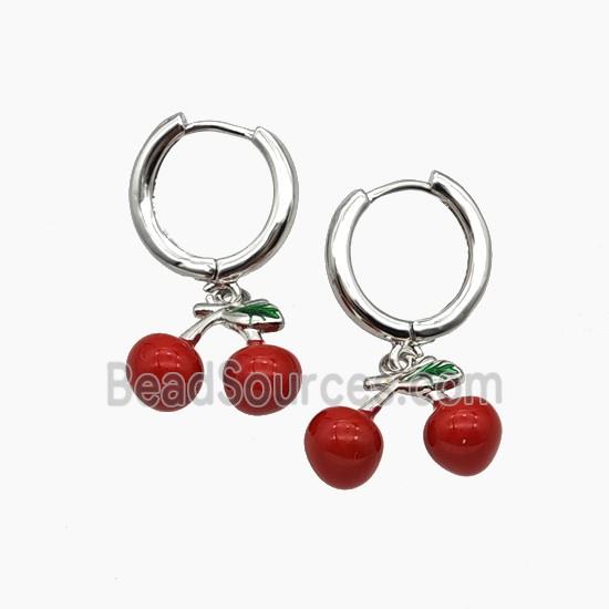 Copper Cherry Hoop Earrings Red Enamel Platinum Plated