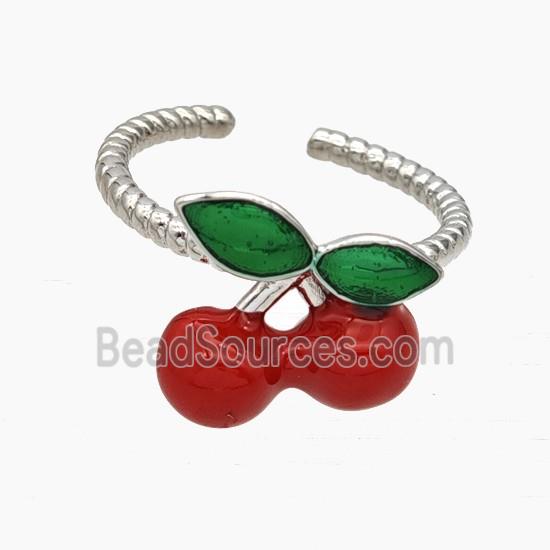 Copper Cherry Rings Red Enamel Platinum Plated