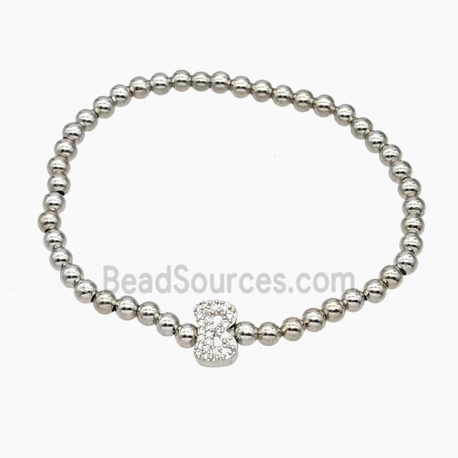 Copper Ball Bracelet With Letter-B Pave Zirconia Stretchy Platinum Plated