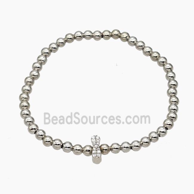 Copper Ball Bracelet With Letter-I Pave Zirconia Stretchy Platinum Plated