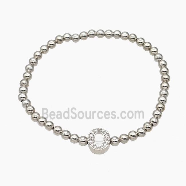 Copper Ball Bracelet With Letter-O Pave Zirconia Stretchy Platinum Plated
