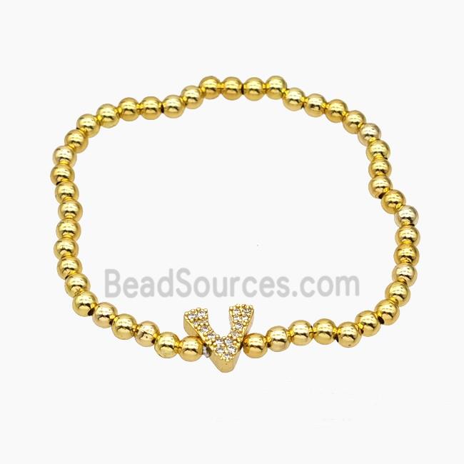Copper Ball Bracelet With Letter-V Pave Zirconia Stretchy Gold Plated