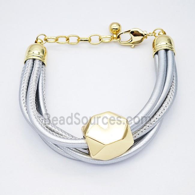 Silver PU Leather Bracelet With Copper Beads Gold Plated
