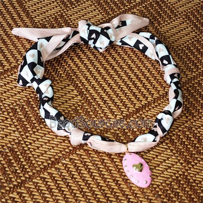Polyester Fabric Necklace With Heart Oval Pink Enamel