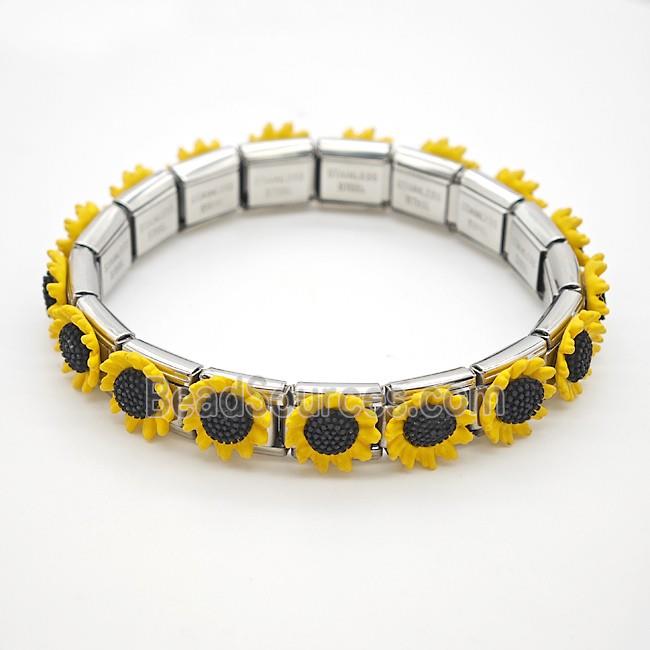 Raw Stainless Steel Module Bracelet Pave Resin Sunflower