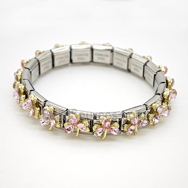 Raw Stainless Steel Module Bracelet Pave Resin Crystal Glass Clover