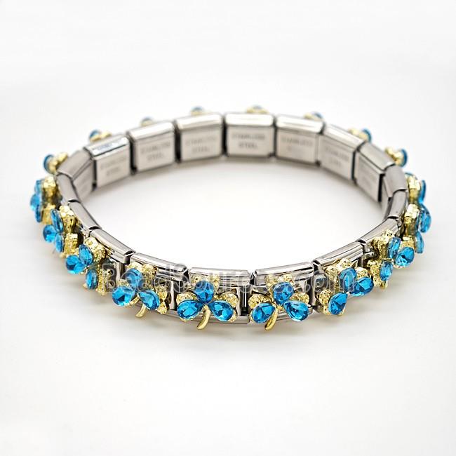 Raw Stainless Steel Module Bracelet Pave Resin Crystal Glass Clover