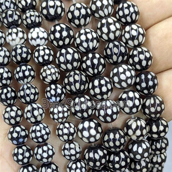 Black Tibetan Agate Beads Smooth Round Spots