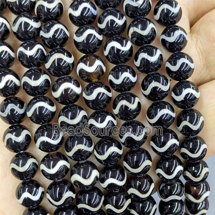 Black Tibetan Agate Beads Smooth Round Wave