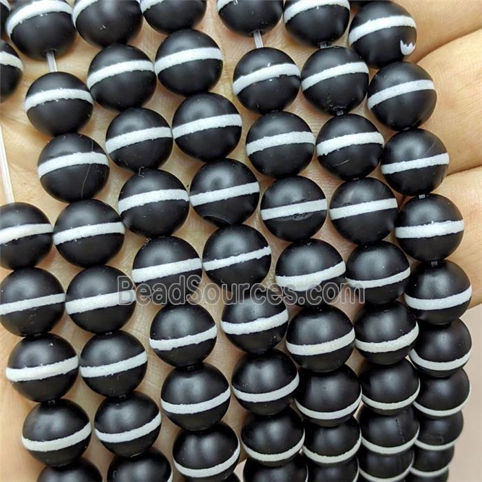 Tibetan Agate Beads Black Round White Line