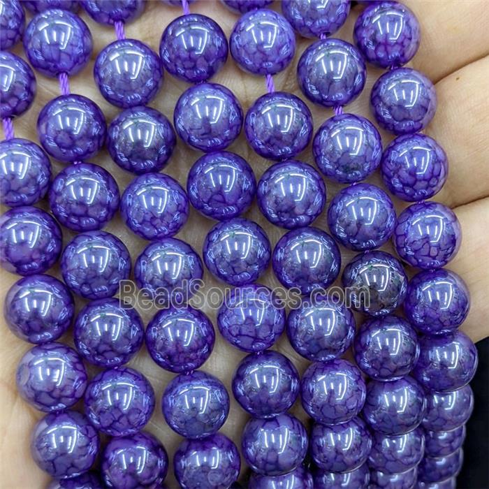 Natural Dragon Veins Agate Beads Purple Dye Smooth Round Electroplated