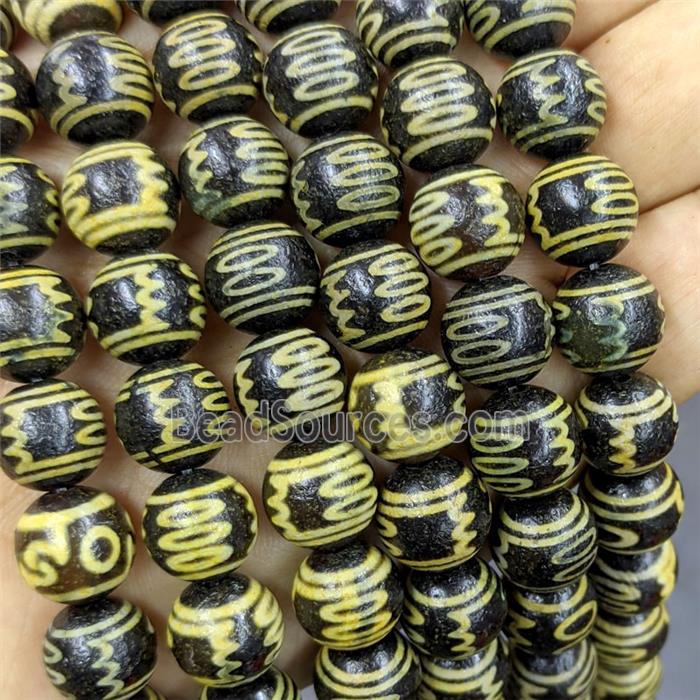 Black Tibetan Agate Round Beads Yellow