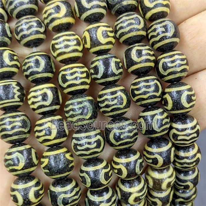 Black Tibetan Agate Round Beads Yellow