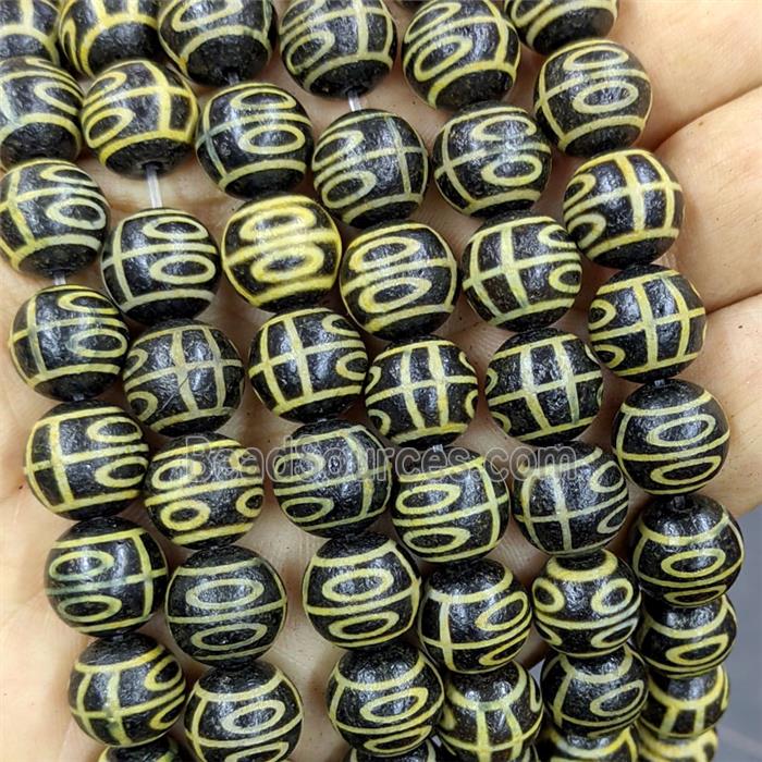 Black Tibetan Agate Round Beads Yellow