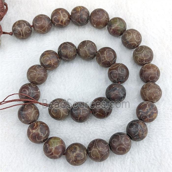 Chinese Huaxiu Jade Round Beads Carved Coffee Dye