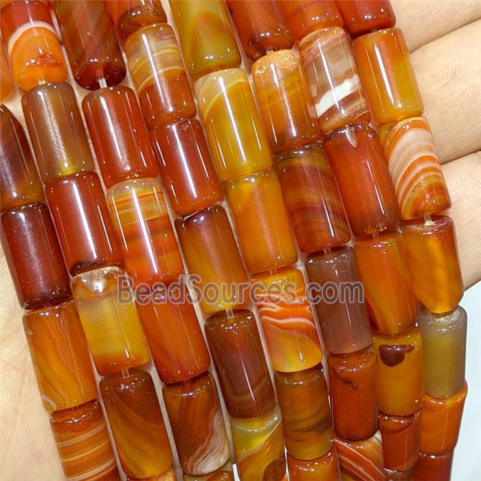 Red Stripe Agate Tube Beads Banded Dye