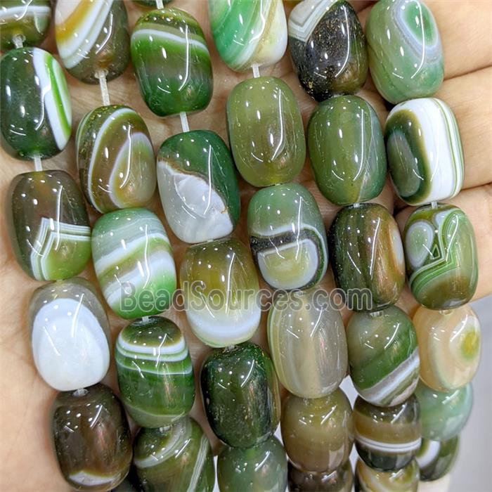 Green Stripe Agate Barrel Beads Banded Dye