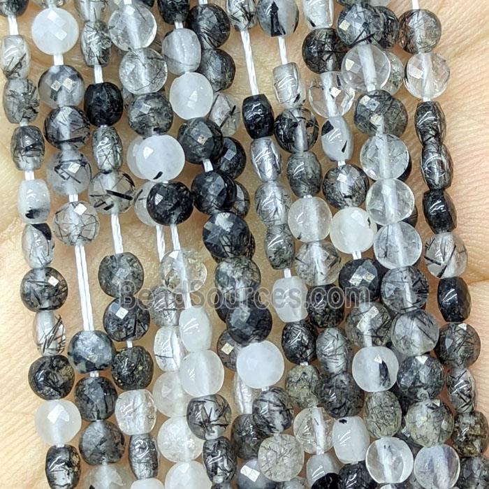 Natural Black Rutilated Quartz Beads Faceted Circle