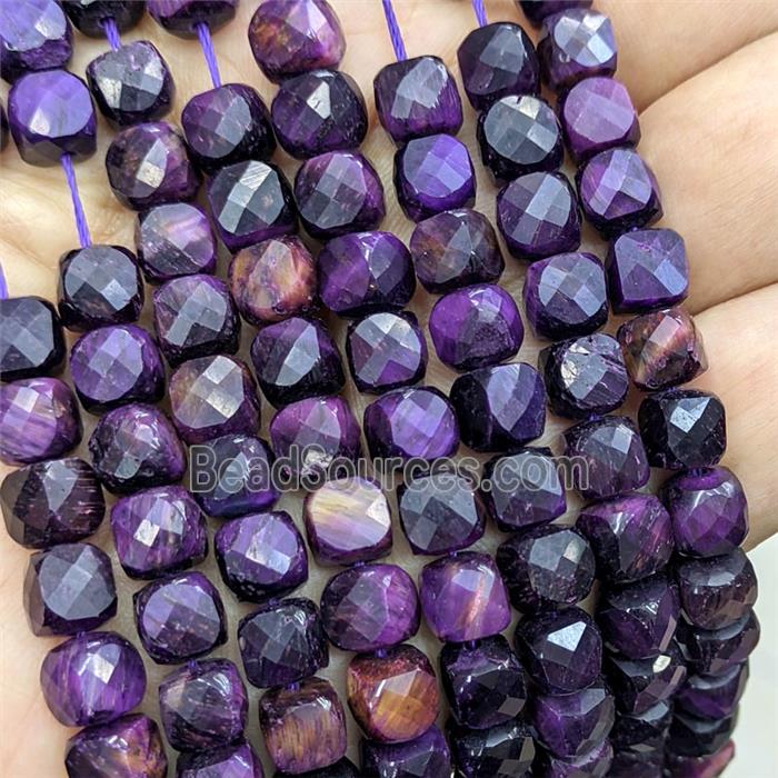 Natural Tiger Eye Beads Purple Dye Faceted Cube