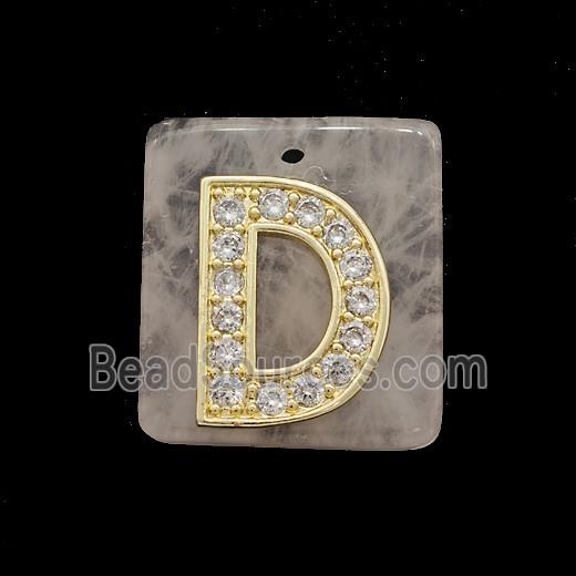 Rose Quartz Square Pendant With Copper Letter-D Pave Zirconia Gold Plated