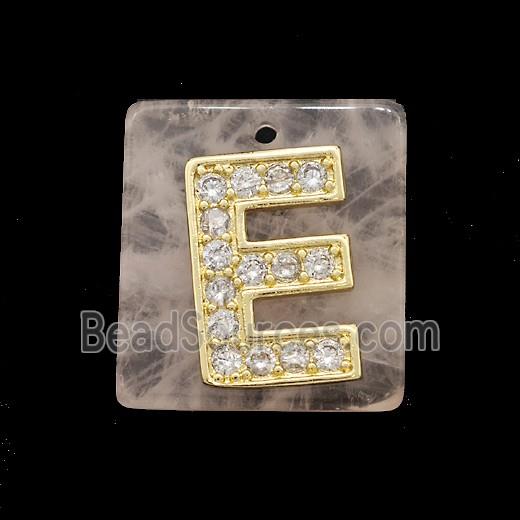 Rose Quartz Square Pendant With Copper Letter-E Pave Zirconia Gold Plated