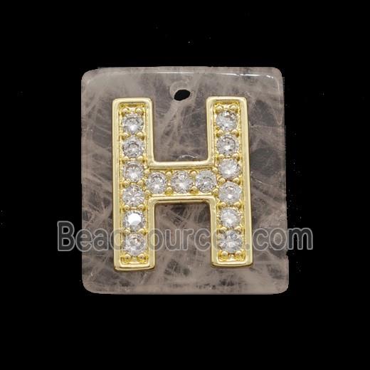 Rose Quartz Square Pendant With Copper Letter-H Pave Zirconia Gold Plated