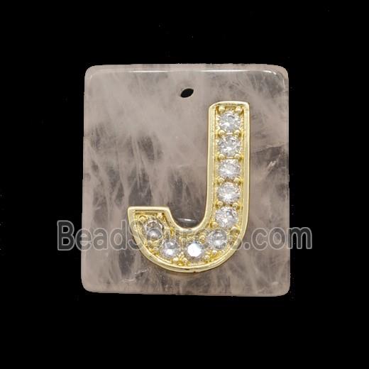 Rose Quartz Square Pendant With Copper Letter-J Pave Zirconia Gold Plated