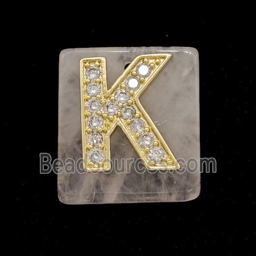 Rose Quartz Square Pendant With Copper Letter-K Pave Zirconia Gold Plated