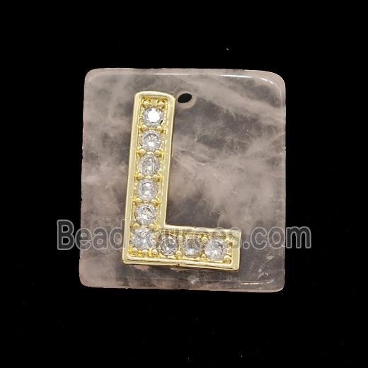 Rose Quartz Square Pendant With Copper Letter-L Pave Zirconia Gold Plated