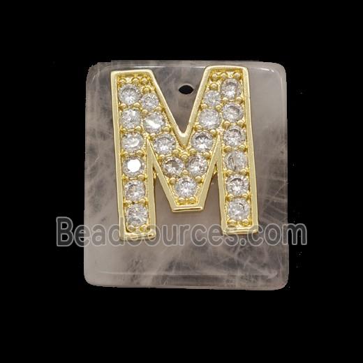 Rose Quartz Square Pendant With Copper Letter-M Pave Zirconia Gold Plated