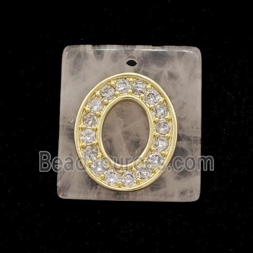 Rose Quartz Square Pendant With Copper Letter-O Pave Zirconia Gold Plated