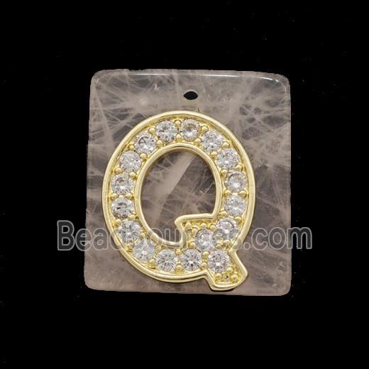 Rose Quartz Square Pendant With Copper Letter-Q Pave Zirconia Gold Plated