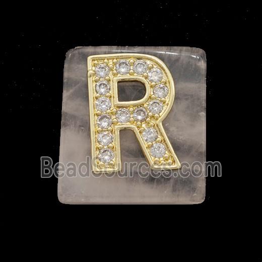 Rose Quartz Square Pendant With Copper Letter-R Pave Zirconia Gold Plated