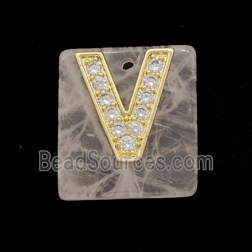 Rose Quartz Square Pendant With Copper Letter-V Pave Zirconia Gold Plated