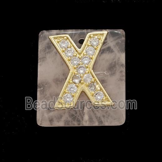 Rose Quartz Square Pendant With Copper Letter-X Pave Zirconia Gold Plated